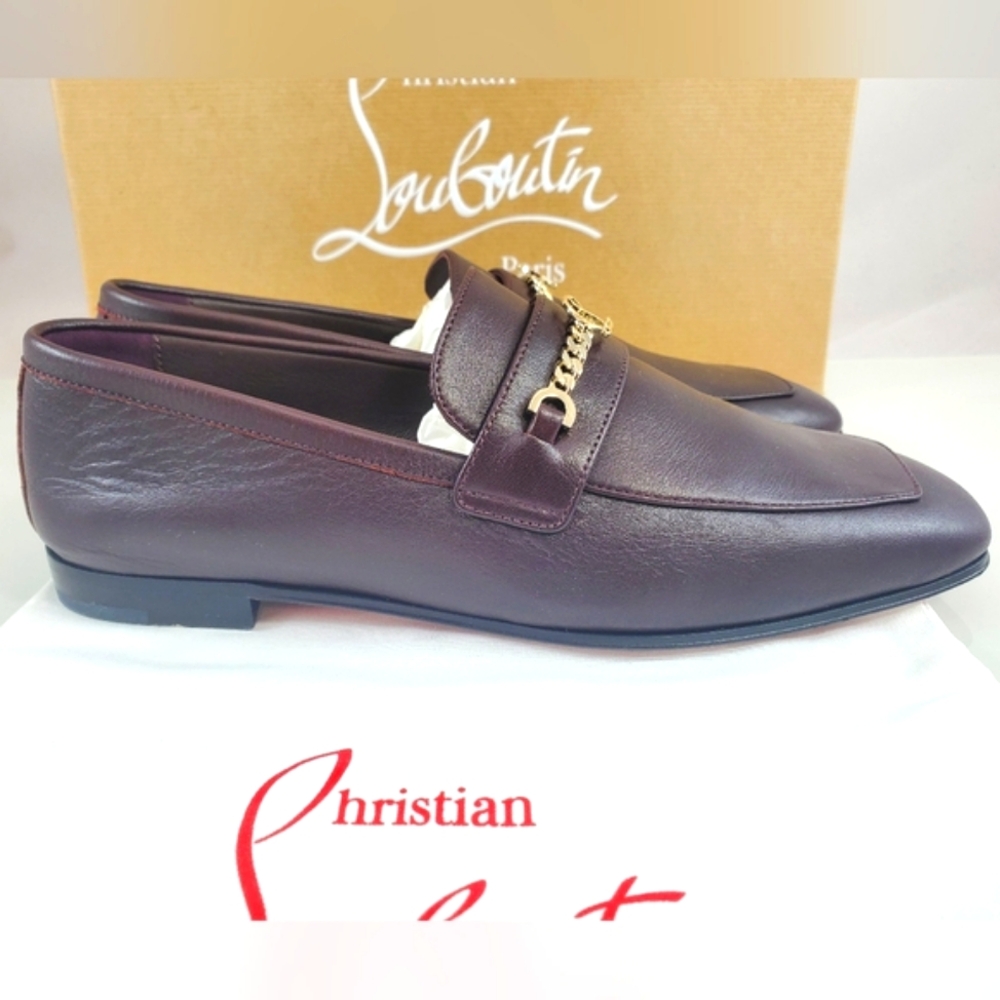 NWT$1095 Louboutin MJ Moc Brown Leather Chain Red Sole Flat Loafers Sz 36.5, 6.5 - Picture 9 of 16